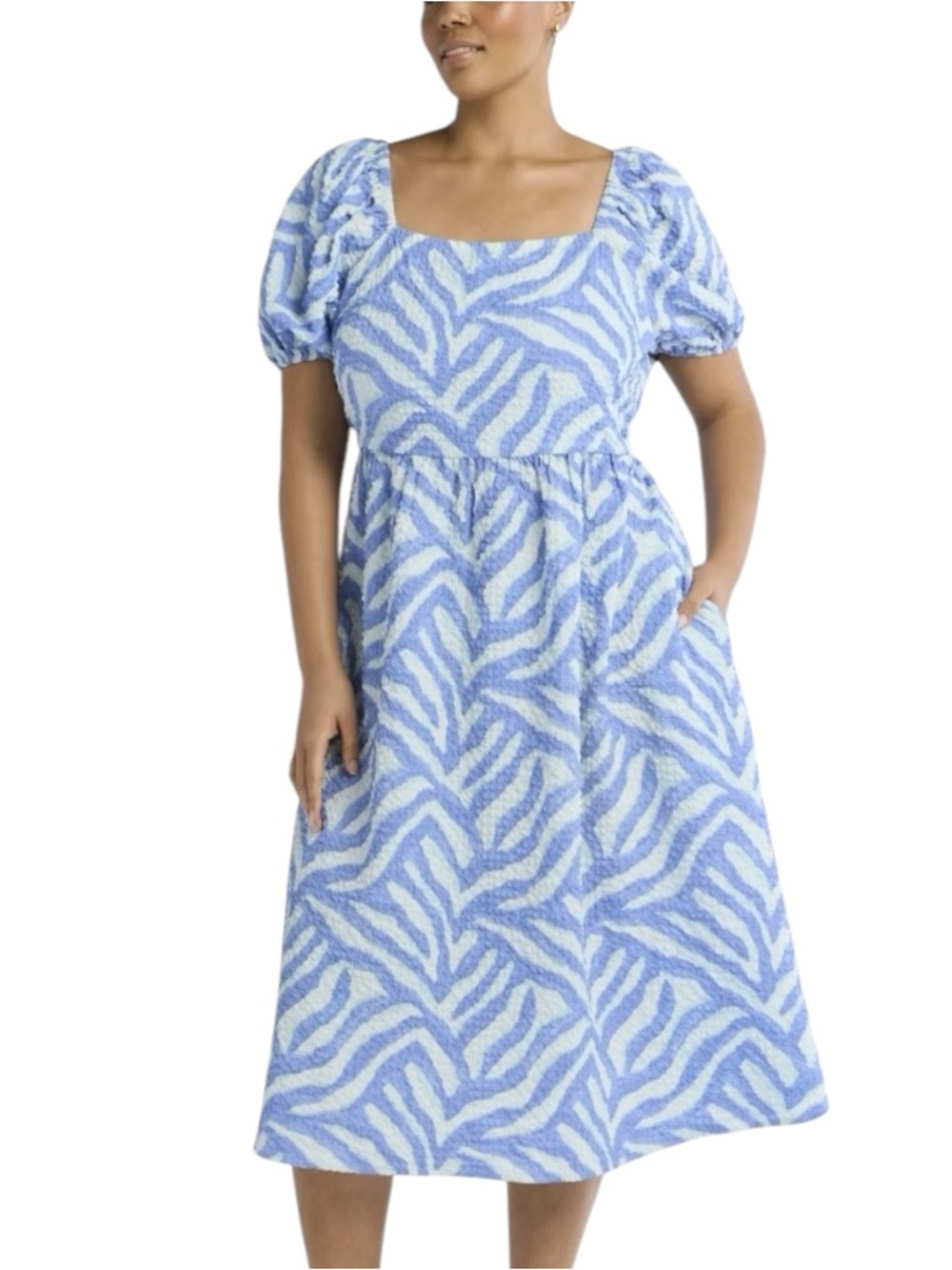 NWOT Time and Tru SMALL 4/6 Blue White Zebra Puff Sleeve Back Tie Midi Dress
